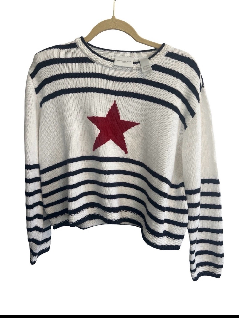 Liz Claiborne White Navy Striped Pullover with Red Star